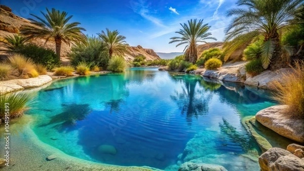 Fototapeta Close-Up mystical desert oasis with a sparkling blue pool