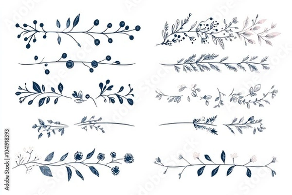 Fototapeta Vector flat style vector design set of simple line art decorative borders, and floral ornaments for wedding invitation cards with a white background