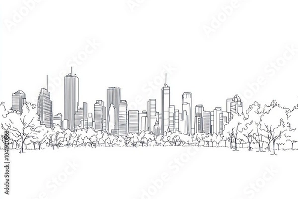 Fototapeta White line drawing illustration of the city skyline with buildings and trees on a white background