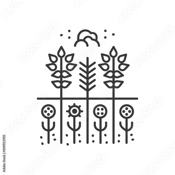 Fototapeta Stylized Line Art Illustration of Plants with Clouds and Dots