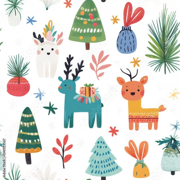 Fototapeta Charming Christmas pattern featuring colorful reindeer, festive trees, and playful decorations, evoking joyful holiday spirit