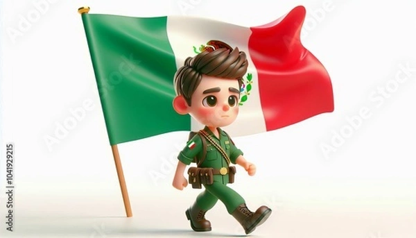 Fototapeta 3d render of a boy wearing Mexico Army uniforms. There is an Mexico flag behind it on a white background