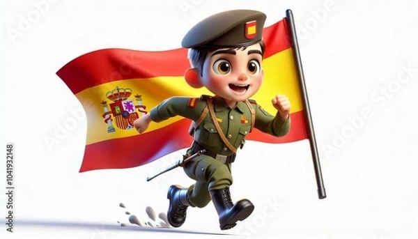 Fototapeta 3d render of a boy wearing Spain Army uniforms. There is an Spain flag behind it on a white background