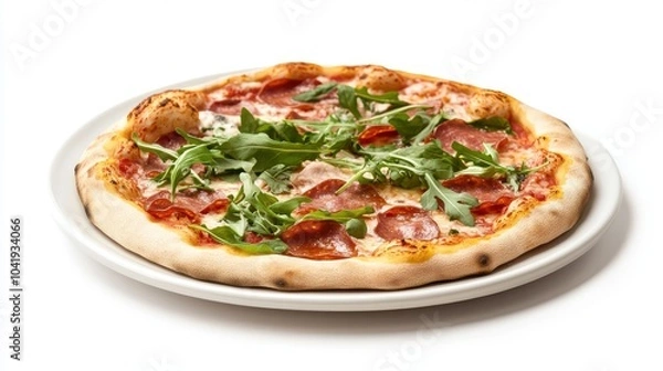 Fototapeta Delicious pepperoni pizza with fresh arugula on a rustic plate