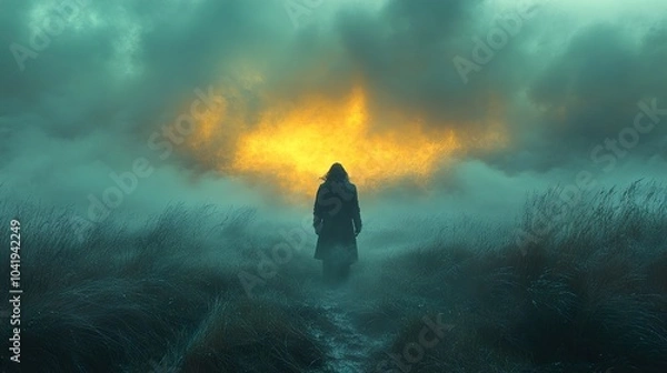 Obraz Mysterious Figure Walking Through Foggy Field Towards Golden Light
