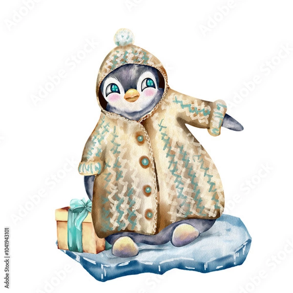 Fototapeta watercolor funny penguins on ice