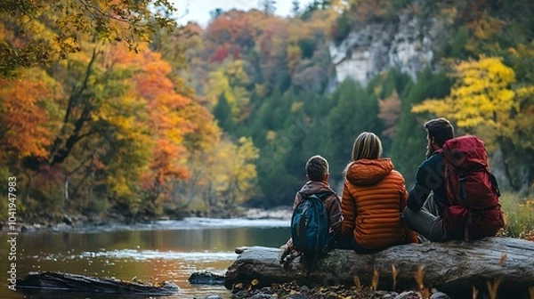 Obraz A family stopping to rest on a log during a hike, with a river and fall foliage in the background