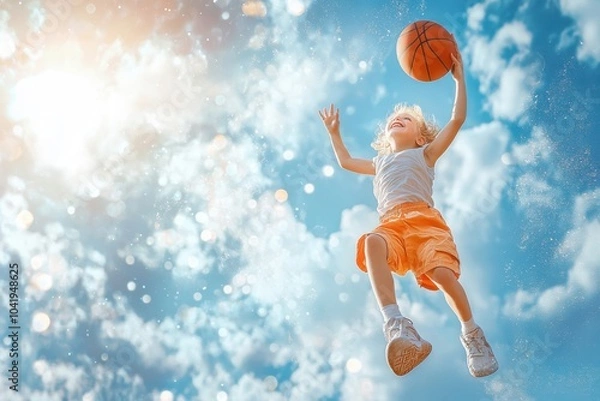 Fototapeta A young child jumps high while shooting a basketball under a bright blue sky in the afternoon
