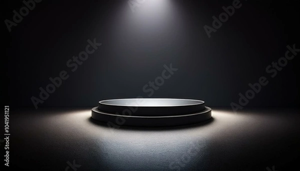Fototapeta a dark and moody scene with a round pedestal illuminated by a spotlight perfect for showcasing products or creating a dramatic backdrop