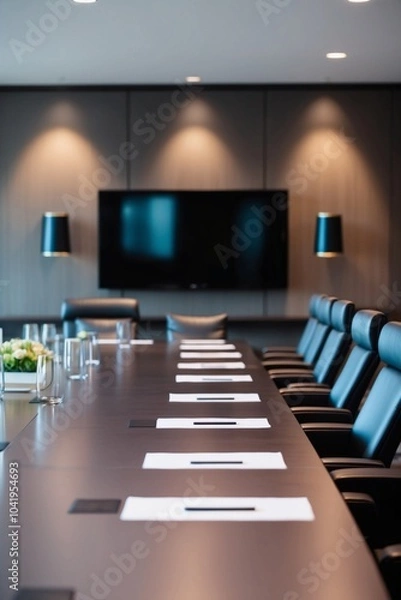 Obraz A blurred image of a stylish conference room with a large table, comfortable chairs, and contemporary decor, suggesting a professional environment.