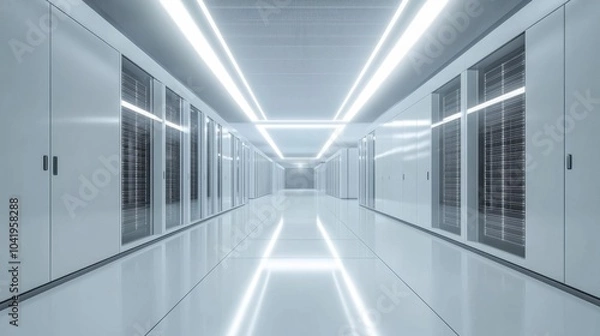 Fototapeta A sleek, modern data center with rows of servers and glowing lights, organized and efficient layout