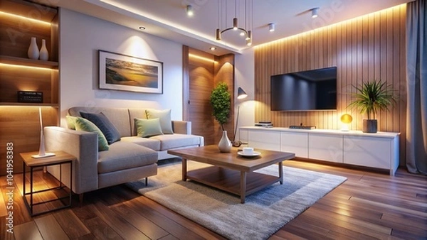 Fototapeta Modern Guest Room with White Sofa and Wooden Table in Low Light Photography