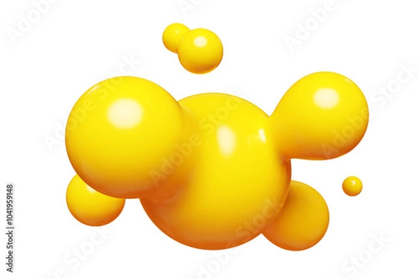 Obraz Yellow abstract liquid metaball shape. 3d render illustration of fluid soft bubble blob. Organic bright decorative sphere geometric form. Morphing ball aqua drop or molecule. Flow particles.
