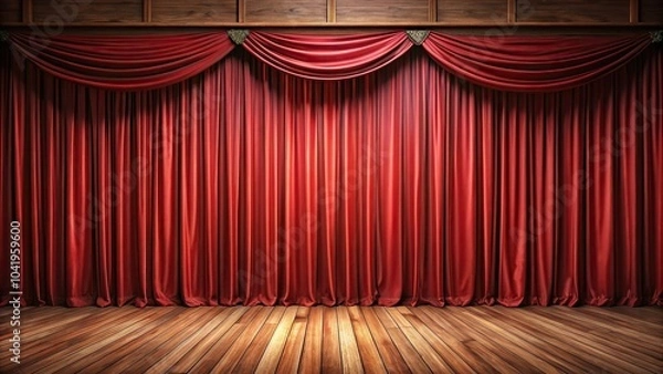 Obraz Luxurious red stage curtain with wooden floor backdrop