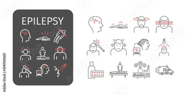 Fototapeta Epilepsy thin line icons set. Symptoms and treatments: convulsion, disorder, dizziness, brain scan. Vector signs for web graphics.