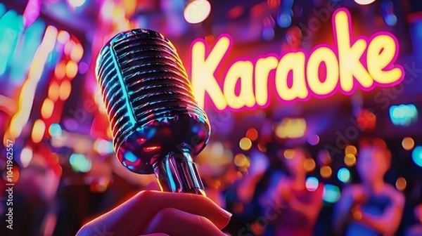 Fototapeta A vibrant microphone held up in front of a colorful karaoke sign.