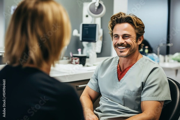 Obraz A dentist smiles while talking to a patient in a dental office, copy space