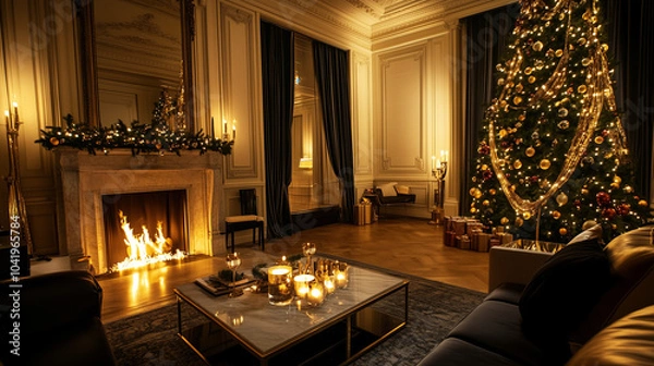 Fototapeta A chic living room with a marble fireplace and a stylish Christmas tree decked in shimmering ornaments and lights, with elegant garlands and cozy candles creating a refined holiday