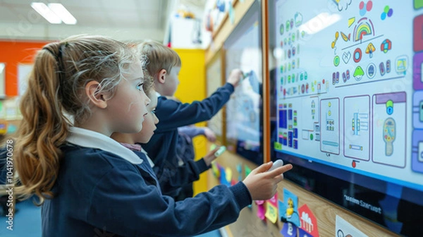 Obraz Primary school children using interactive whiteboards to solve math problems, engaging with educational technology