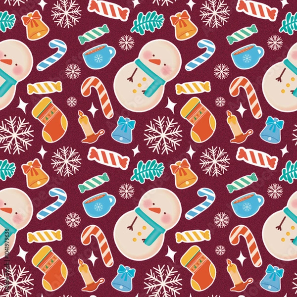 Fototapeta Christmas snowman and snowflake seamless pattern