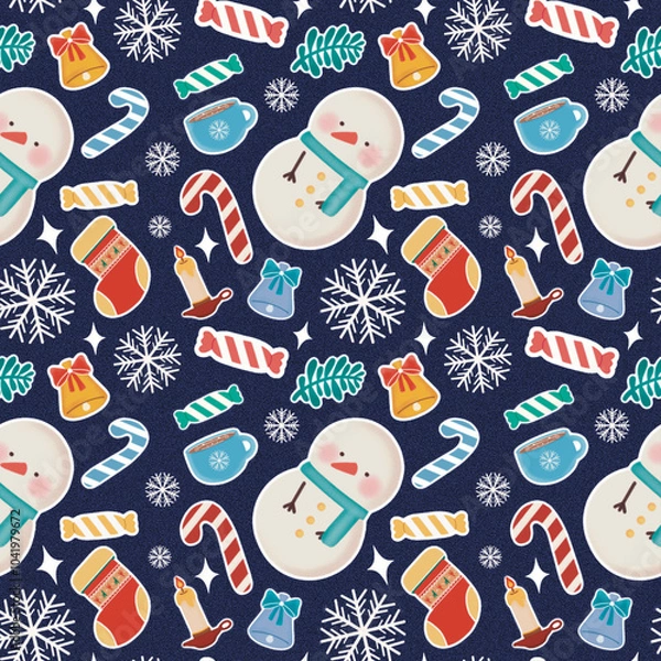 Fototapeta Christmas snowman and snowflake seamless pattern