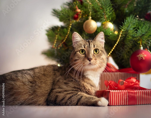 Obraz  cat, with, christmas, decorations, gift box and new year tree 49521