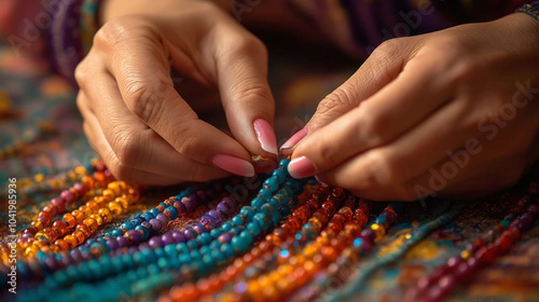 Fototapeta Hands playing with colorful beads, threading a bracelet, craft-focused setting