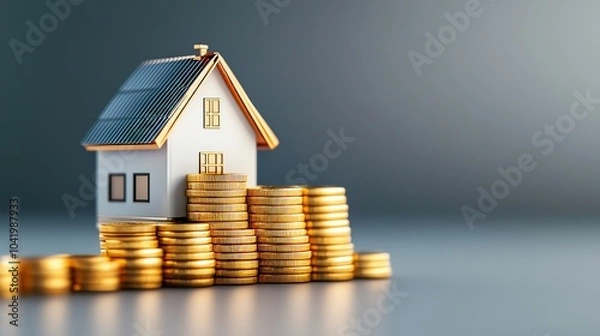 Fototapeta House model with coins, financial investment concept