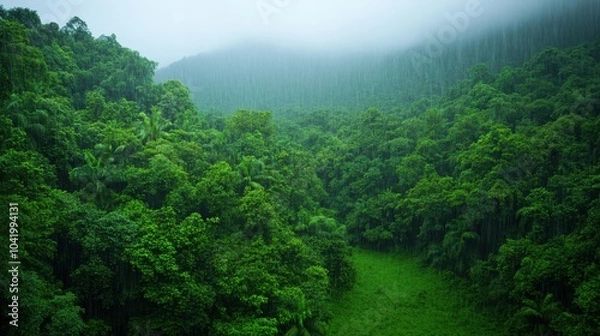 Fototapeta Gentle Rain Falling on Lush Green Forest Landscape