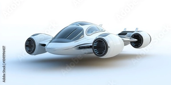 Fototapeta A futuristic 3D rendering of a flying car, showcasing its innovative design and advanced technology, isolated on a clean white background