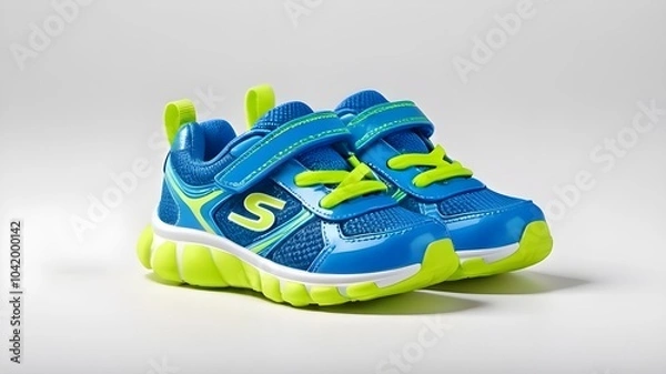 Fototapeta Sporty kids' running shoes in neon blue with lime green accents, displayed on a simple white background to emphasize the dynamic design.