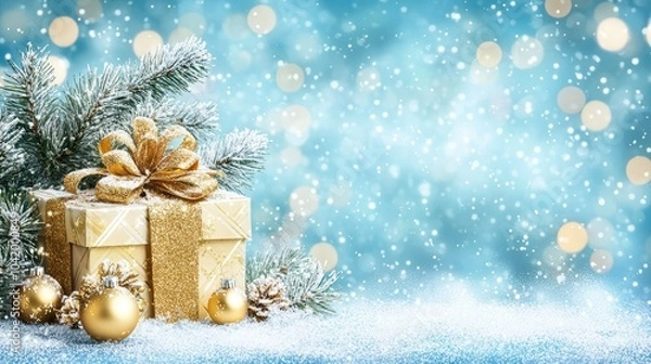 Fototapeta Festive Gifts with Snowy Background and Bokeh Lights