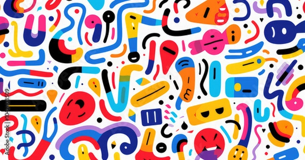 Fototapeta A vibrant and abstract composition featuring colorful shapes and patterns on white background, evoking a playful and energetic atmosphere.