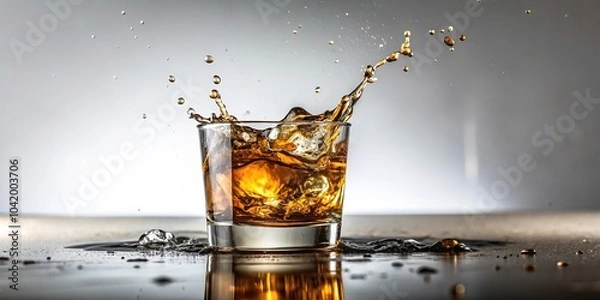 Fototapeta Depth of field glass with whiskey splash on white background