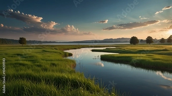 Obraz A calm lake bathed in the soft light of Dawn. Tall green grass swayed gently in the wind, framing calm water. The sky was painted in pink and orange, which bounced on the surface of the lake.