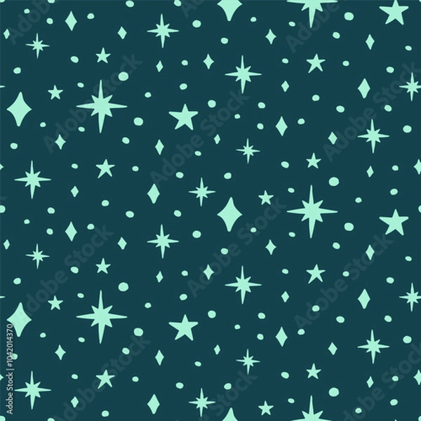 Fototapeta Teal seamless pattern with celestial motifs. Stars background. Monochrome boho wallpaper.