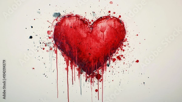 Fototapeta Heart drawn with red paint, splashes, blot and drops of red paint on paper
