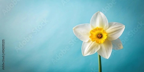 Obraz White and yellow daffodil on soft blue background, springtime retro style vintage nostalgic