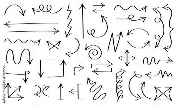 Obraz Doodle arrow set isolated on white. Black ink lines. Modern hand drawn stroke. Vector illustration.
