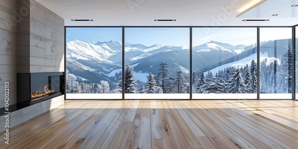 Fototapeta Modern living room with panoramic view of mountains