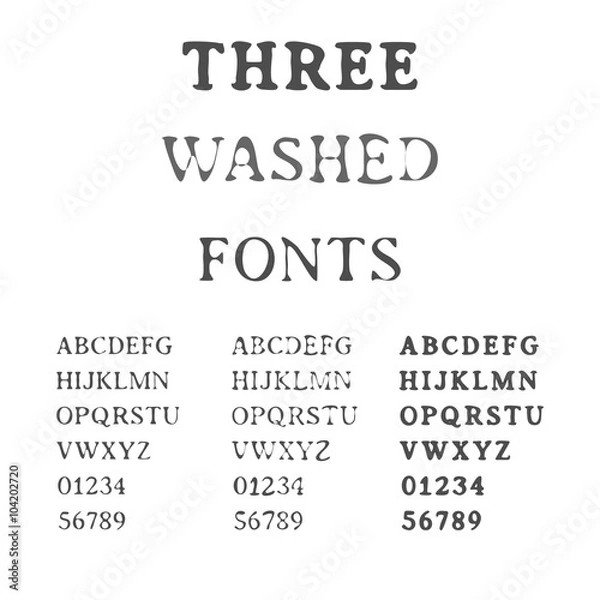 Obraz Three Handdrawn Fonts. Washed Latin Alphabet Set. Ink Typefaces.