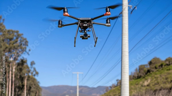Fototapeta drone flying above power lines, assisting in inspection tasks