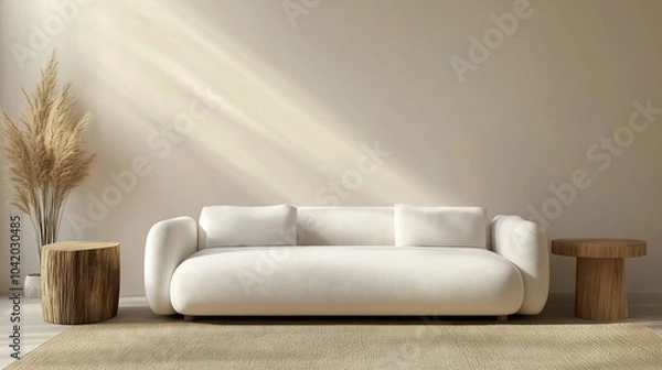 Fototapeta A minimalist living room featuring a modern white sofa, wooden side tables, dried pampas grass, and soft natural sunlight.
