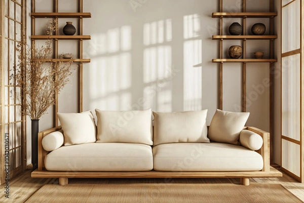 Obraz Japanese-inspired living room with a beige sofa, wooden frame, and minimalist shelving decorated with pottery. Sunlight filters through shoji screens, creating a warm and serene atmosphere. Front view