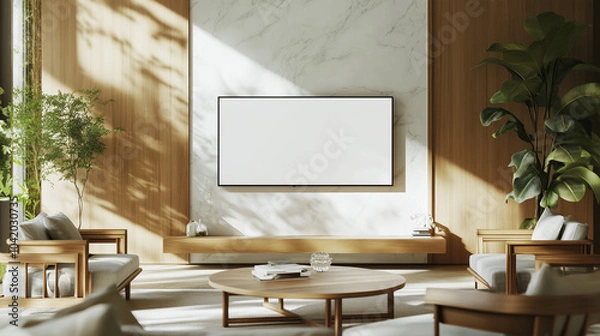 Obraz Bright and airy living room featuring a blank screen TV on a marble and wooden accent wall, surrounded by lush indoor plants and minimalist furniture, showcasing a natural aesthetic