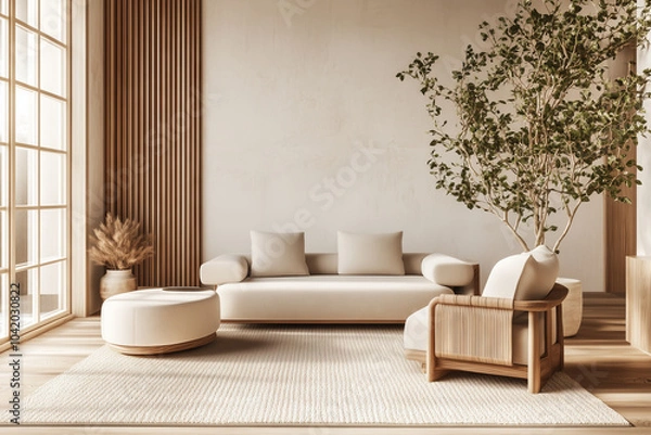 Obraz Modern living room with beige sofa, armchair, and round ottoman, featuring wooden slatted accent wall, potted tree, and large windows. Natural light and neutral tones create a minimalist