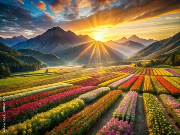 Fototapeta Stunning Drone Photography of a Vibrant Flower Field with Breathtaking Mountain Views for Nature Lovers and Travel