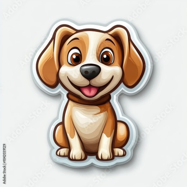 Fototapeta A cheerful cartoon dog with brown and white fur, smiling and sitting happily against a soft background.