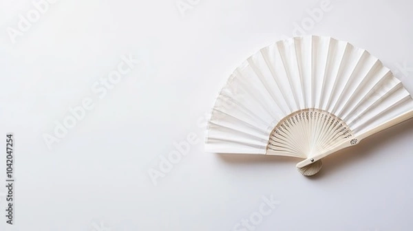 Fototapeta Flat lay of a traditional white folding hand fan, fully opened against a clean white background.