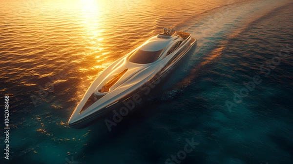 Obraz An elegant 3D-rendered luxury yacht cruising through crystal-clear turquoise waters at sunset.